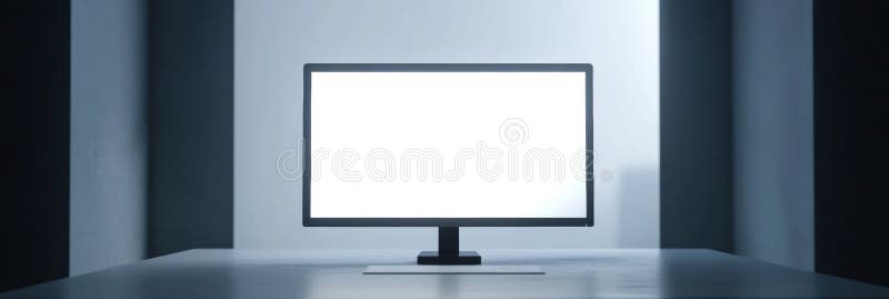 Sleek desktop monitor on minimalistic workspace with bright white screen and soft shadows enhancing professional stock photography