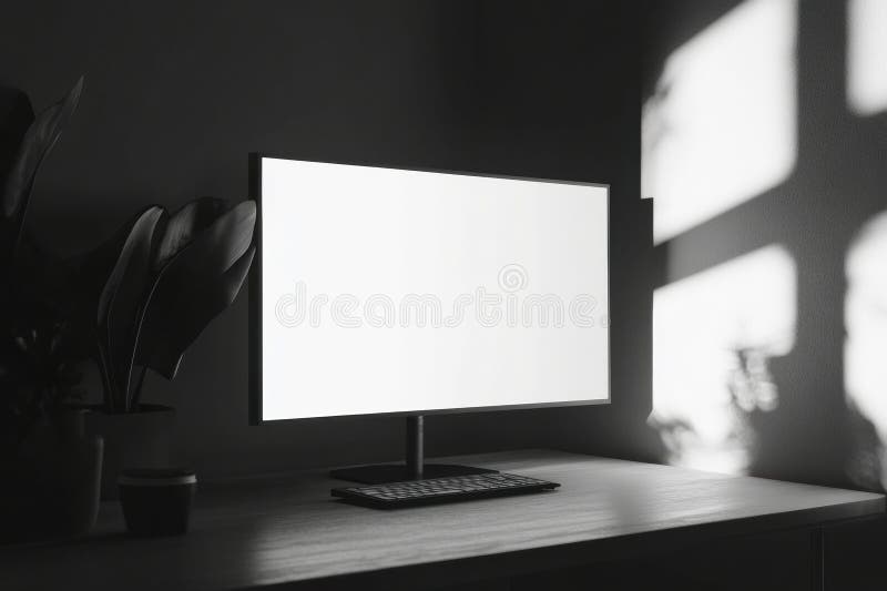 Sleek desktop monitor on minimalistic workspace with bright white screen and soft shadows highlighting a clean royalty free stock photo