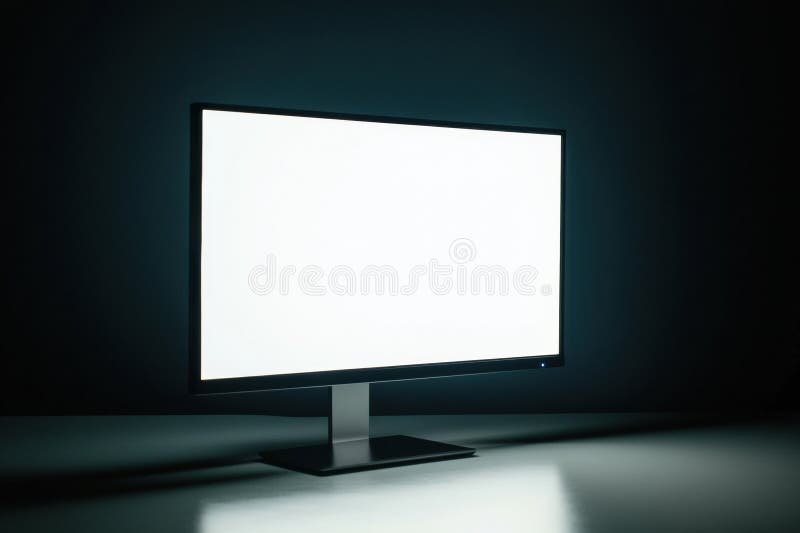 Sleek desktop monitor in a minimalistic workspace illuminated by a bright white screen on a clean surface royalty free stock image