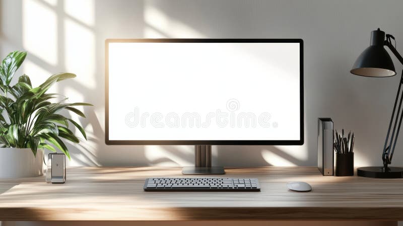 Sleek desktop monitor on a minimalistic workspace with soft shadows in a clean professional style stock photos