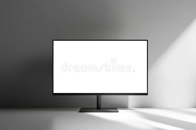 Sleek desktop monitor positioned in a minimalistic workspace featuring a bright white screen and soft shadows for a royalty free stock photography