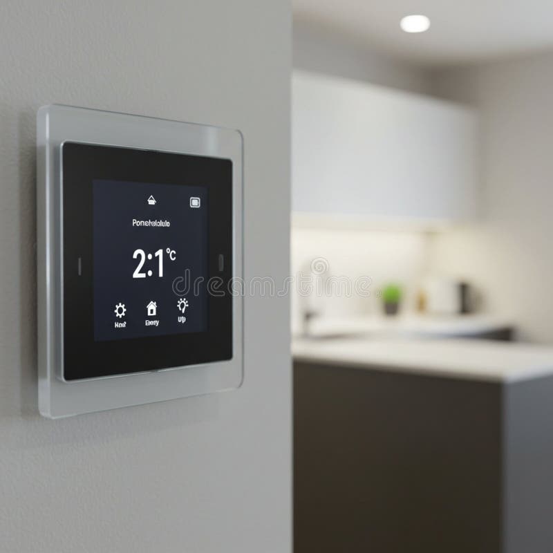 A sleek digital thermostat is mounted on a wall, displaying a temperature of 21°C. The interface includes control icons for settings, energy, and heating adjustments. The background features a modern kitchen with minimalistic design, white cabinetry, and soft lighting, creating a clean and contemporary ambiance. The thermostat s design and placement suggest a focus on smart home technology and temperature efficiency.