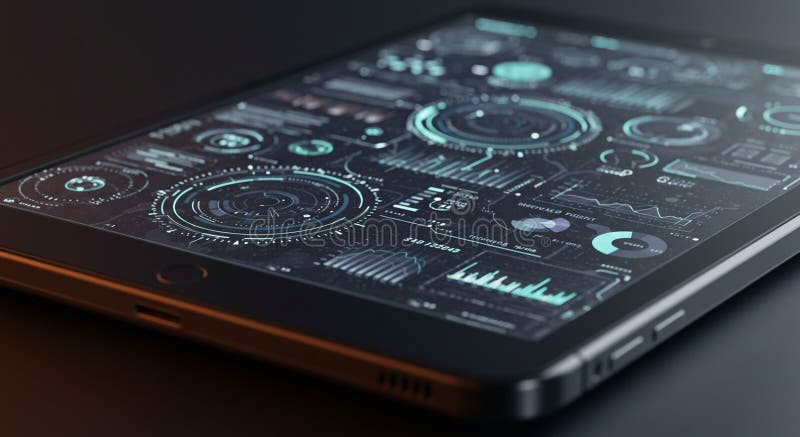 Sleek electronic tablet displaying a futuristic interface with digital graphics and data vector illustration
