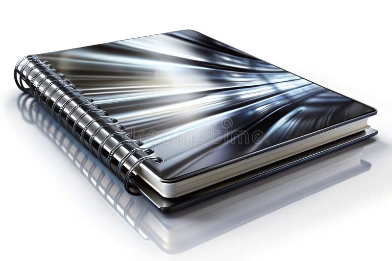 Sleek Futuristic Black and White Notebook with Motion Blur Reflection A Dynamic Abstract Image for Modern Design Office. Experience the cutting-edge aesthetic of the future with this captivating image of a glossy, black and white notebook. The smooth, high-gloss surface reflects light in a mesmerizing motion blur effect, creating a dynamic and visually arresting abstract design. The contemporary style is evident in the clean lines and minimalist form, suggesting a futuristic technology or design concept. The