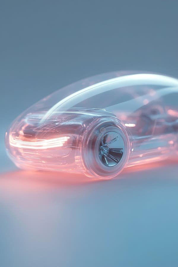 A sleek, futuristic car is encased in a glowing, transparent bubble, illustrating advanced security features. Subtle stock image