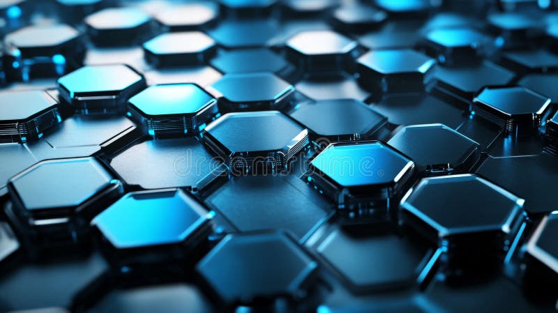 A sleek, futuristic networking background with interconnected hexagons in silver and blue, creating royalty free stock photos