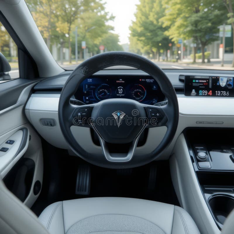 A sleek, futuristic self-driving electric car dashboard stock illustration