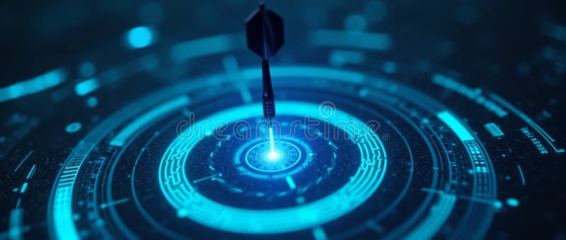 Sleek High-Tech Digital Target with a Glowing Blue Bullseye Where a Laser-Guided Dart Has Landed stock illustration