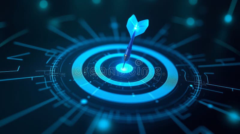 Sleek High-Tech Digital Target with a Glowing Blue Bullseye Where a Laser-Guided Dart Has Landed stock illustration