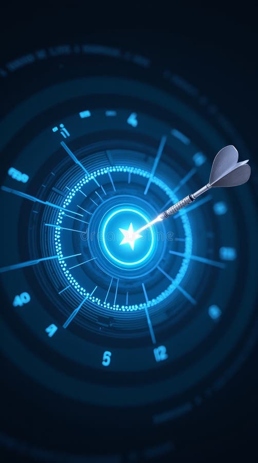 Sleek High-Tech Digital Target with a Glowing Blue Bullseye Where a Laser-Guided Dart Has Landed vector illustration