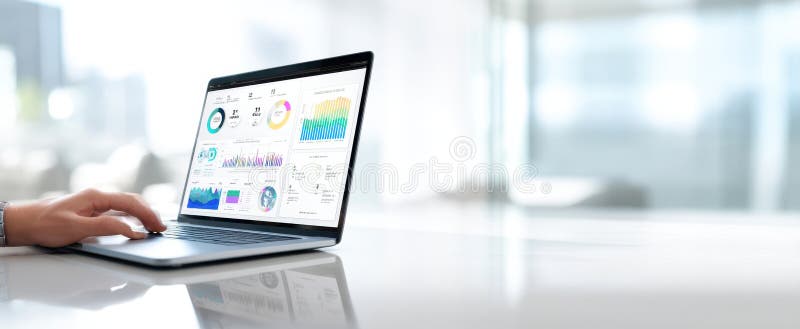 The sleek laptop displaying analytics and graphs in a modern workspace. AI generated image.