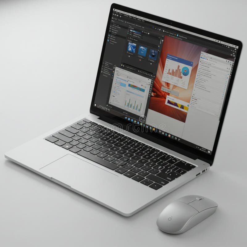 A sleek laptop displaying a multi-window interface on its screen. The interface vector illustration