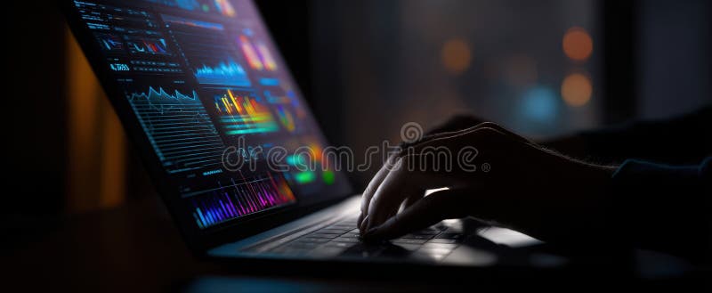 The sleek laptop displaying vibrant data visuals at a modern workspace.. image stock photo.