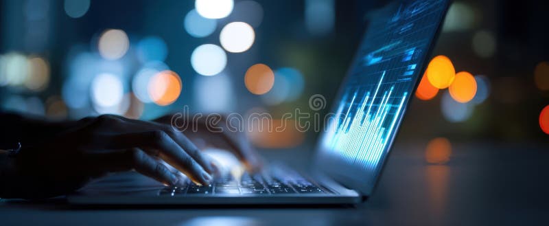 The sleek laptop screen displaying data analysis in a vibrant night setting.. image royalty free stock images.