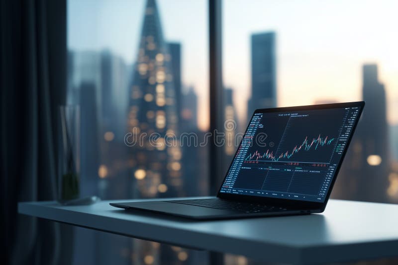 Sleek laptop showcases live stock market feed with skyscrapers in the background at dusk royalty free stock images