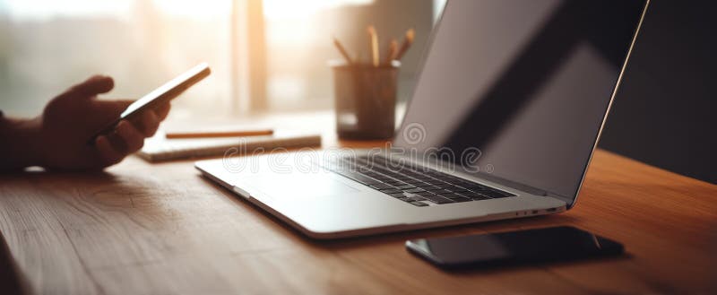The sleek laptop and smartphone creating a modern workspace atmosphere.. image royalty free stock photo.