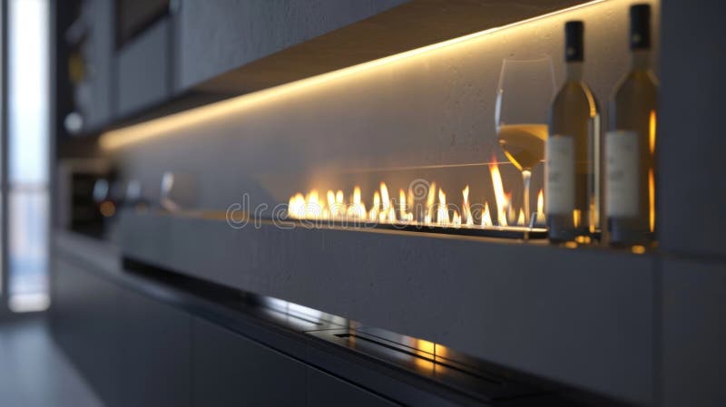 The sleek lines of the modern fireplace are complemented by the sleek angular design of the builtin wine dispenser. 2d stock images