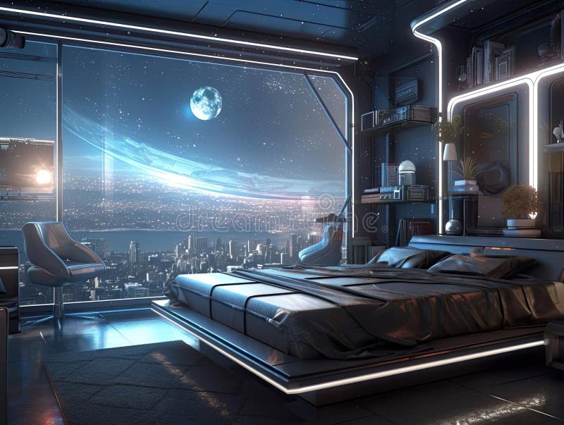 Sleek Metallic Bed in Futuristic Bedroom Stock Illustration ...