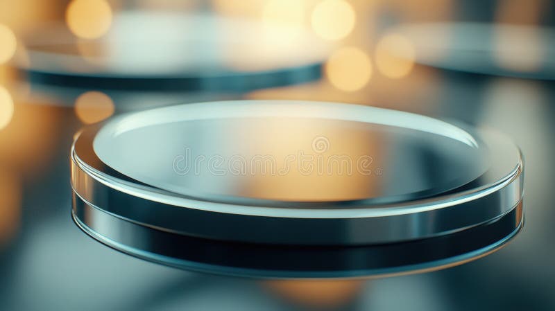 Sleek metallic discs with a futuristic glow against a blurred background, AI stock photos