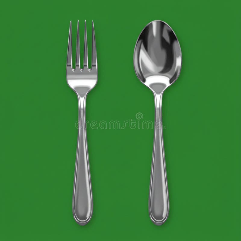 A sleek, metallic fork and spoon rest side by side on a vivid green background. The vector illustration