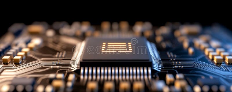 Sleek microchip featuring an AI logo at the center, highlighted by golden metallic details. The minimalist design is royalty free illustration
