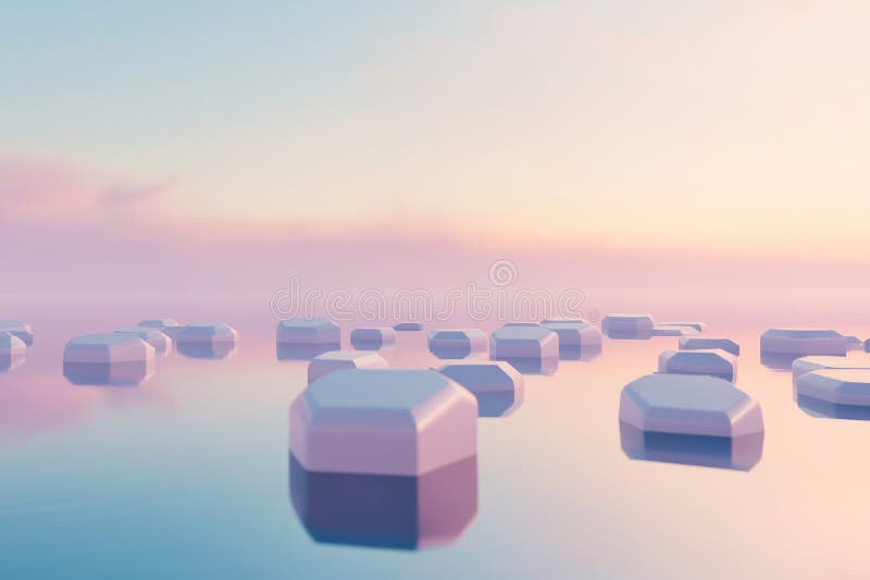 A sleek minimalist 3D background with translucent hexagons floating in a gradient pastel sky. The