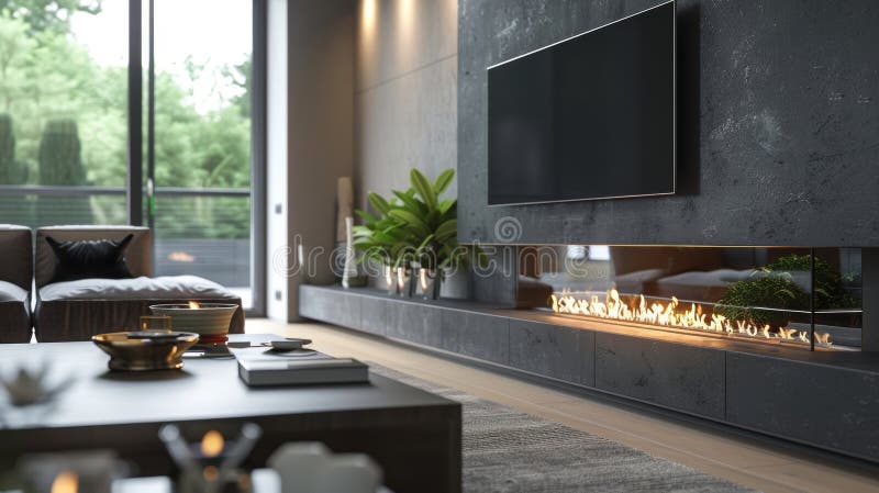 The sleek and minimalist design of the fireplace seamlessly blends in with the rest of the room adding a touch of luxury royalty free stock photography