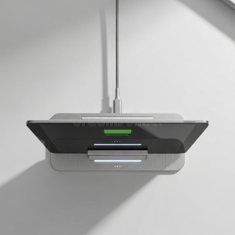 A sleek mobile device charging station is mounted on a wall. It royalty free illustration