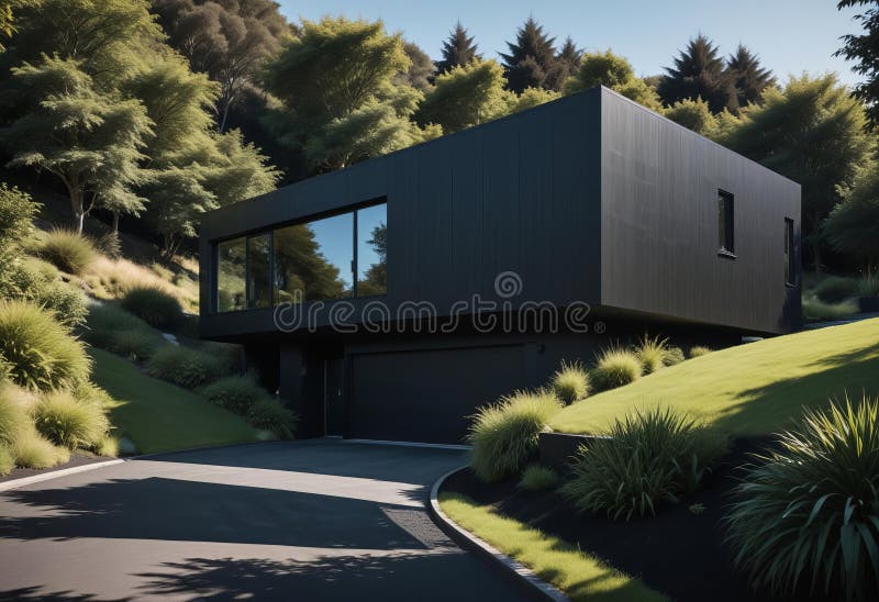 A sleek, modern black house stock illustration