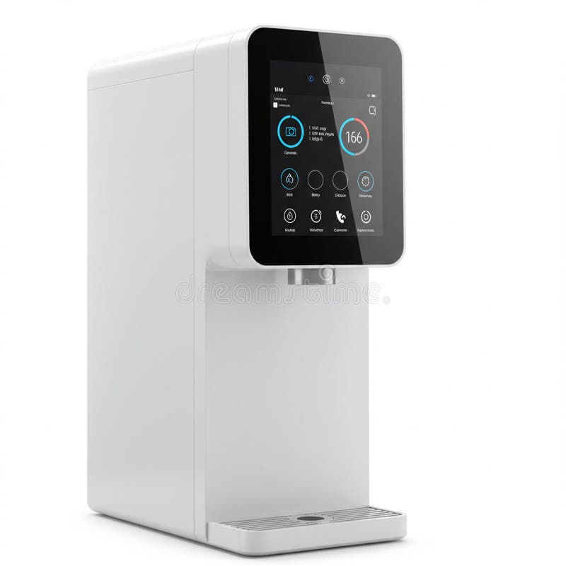 A sleek, modern coffee machine with a minimalist design. It features a touchscreen royalty free illustration
