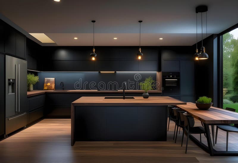 A sleek and modern, dark black kitchen exudes stock illustration