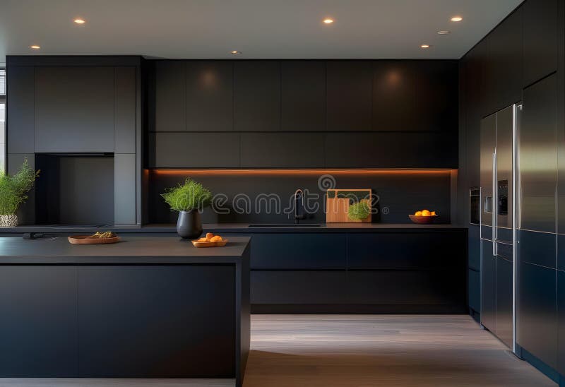A sleek and modern, dark black kitchen exudes royalty free illustration