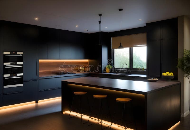 A sleek and modern, dark black kitchen exudes stock illustration