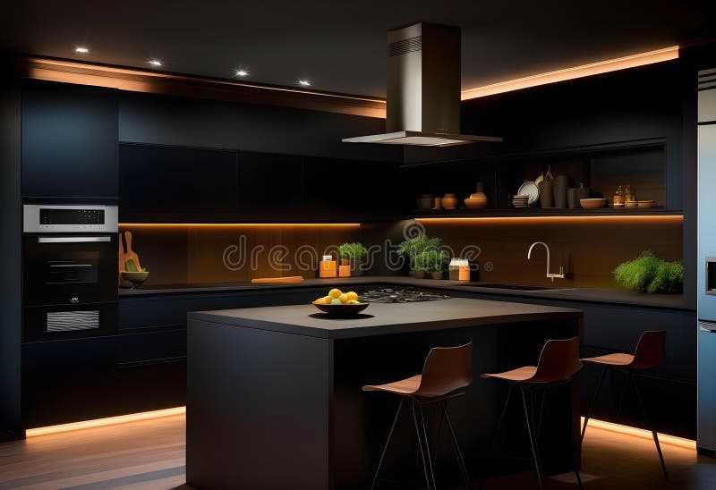 A sleek and modern, dark black kitchen exudes stock illustration