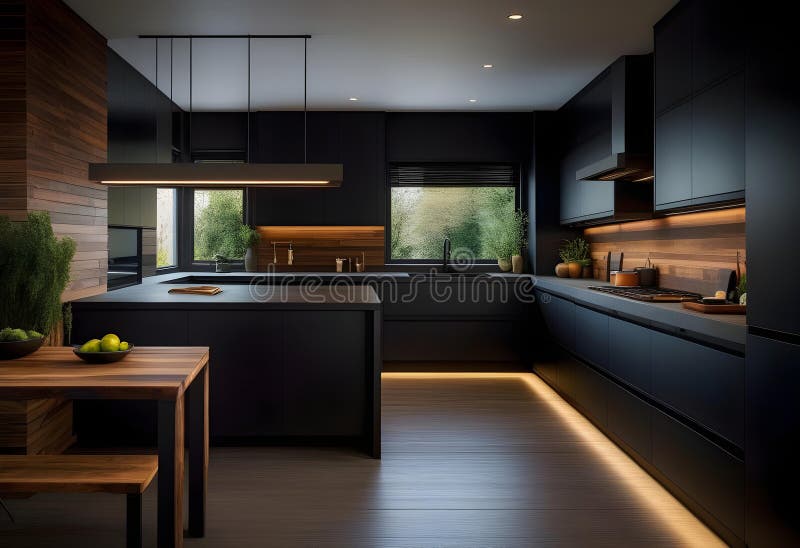 A sleek and modern, dark black kitchen exudes royalty free illustration