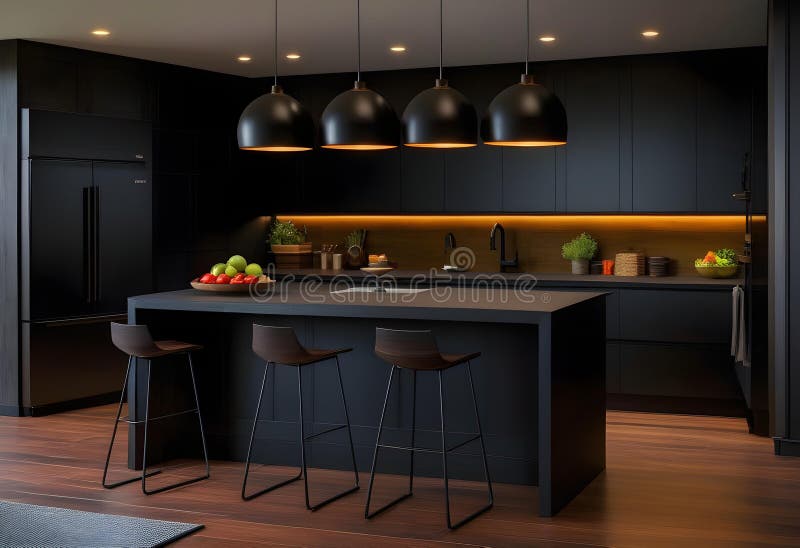 A sleek and modern, dark black kitchen exudes stock illustration