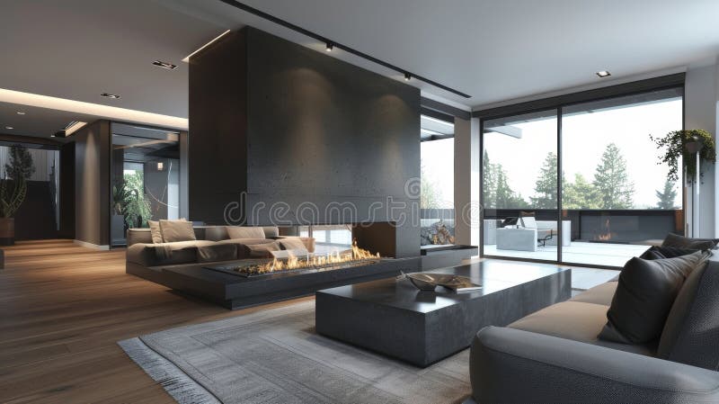 The sleek and modern design of the fireplace is enhanced by the beautiful glass enclosure creating a harmonious and stock image