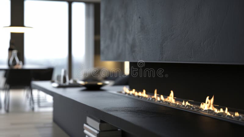 The sleek modern fireplace seamlessly blends in with the minimalist decor of the nook. 2d flat cartoon stock photography