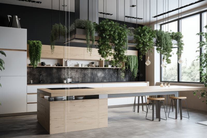A Sleek and Modern Kitchen with a Variety of Greenery, Including Bonsai