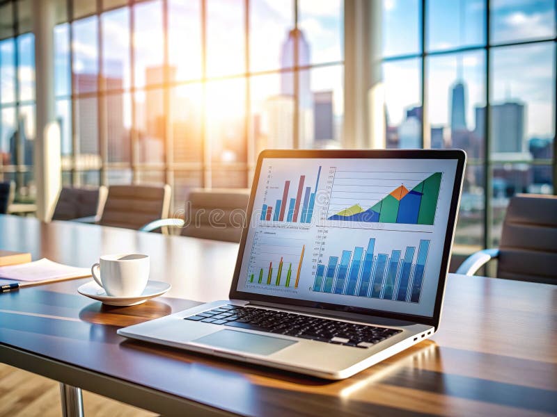 HighPerformance Workspace Modern Laptop Displays Financial Data Fostering Productivity in a Clean Office Environment stock illustration