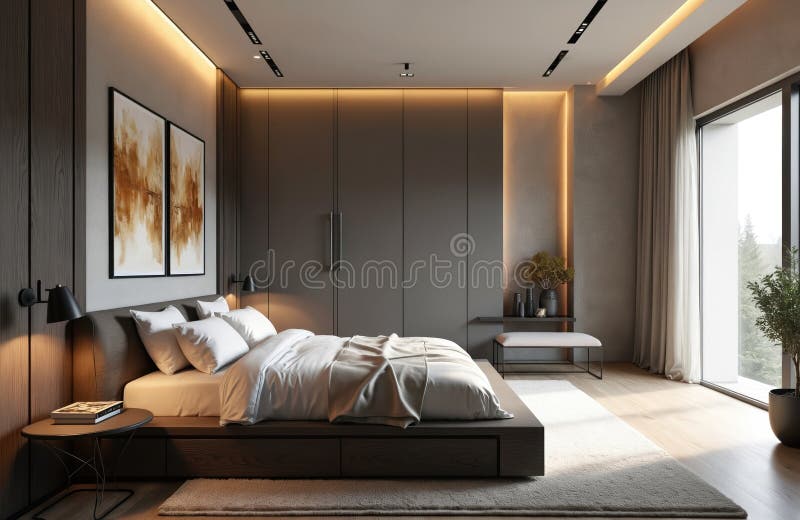 Sleek modern master bedroom with neutral color palette, featuring cozy bed. Contemporary interior design window with natural stock images