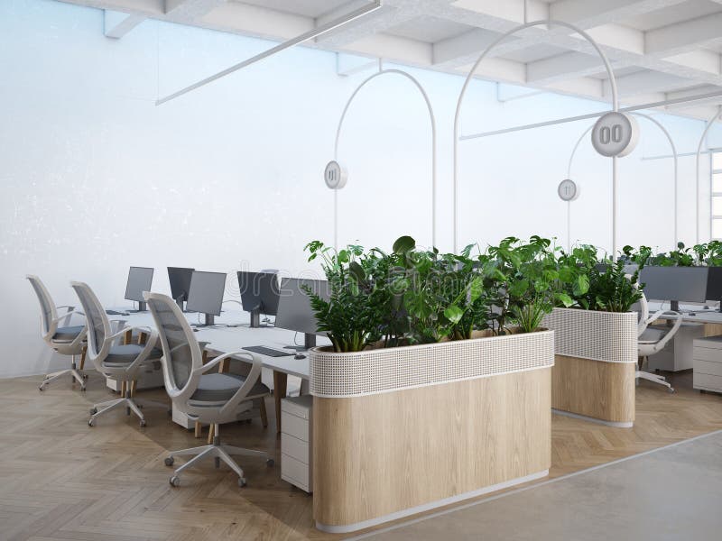 Sleek, modern office space with natural light and greenery. royalty free illustration