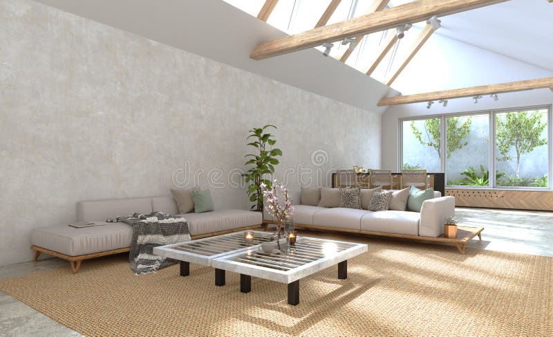 Sleek, modern office space with natural light and greenery. stock illustration