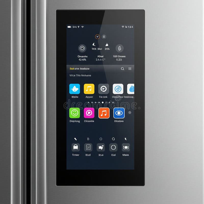 A sleek modern refrigerator features a high-tech touchscreen interface. The display royalty free illustration