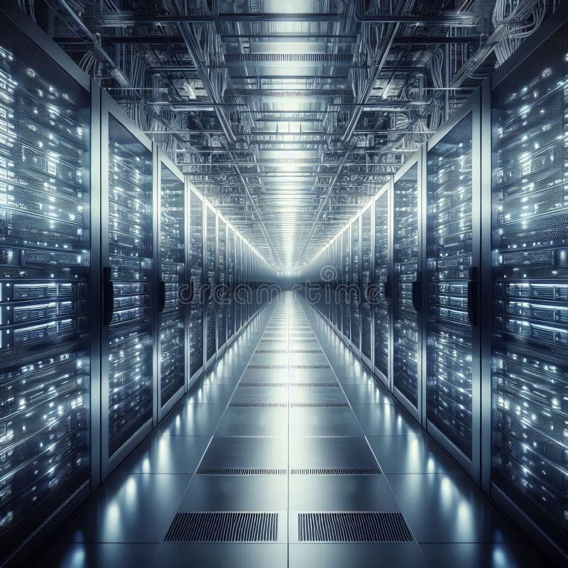 Sleek and modern server room with bright lighting stock images
