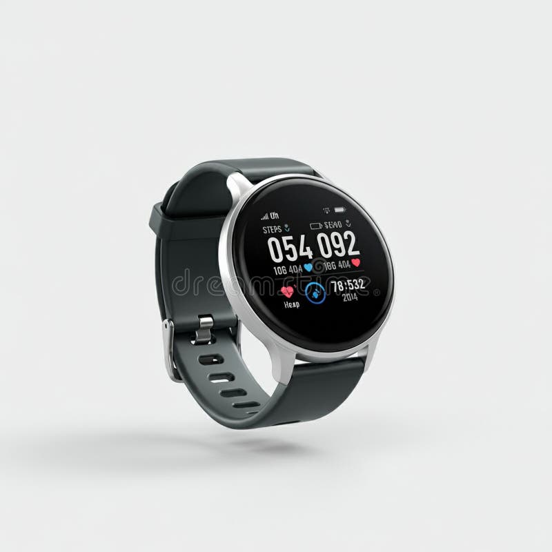 A sleek, modern smartwatch features a round, black touchscreen display with a silver vector illustration