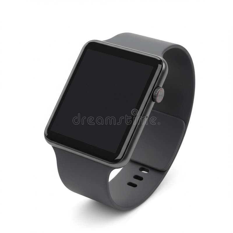 A sleek, modern smartwatch with a rectangular touchscreen display and a smooth vector illustration