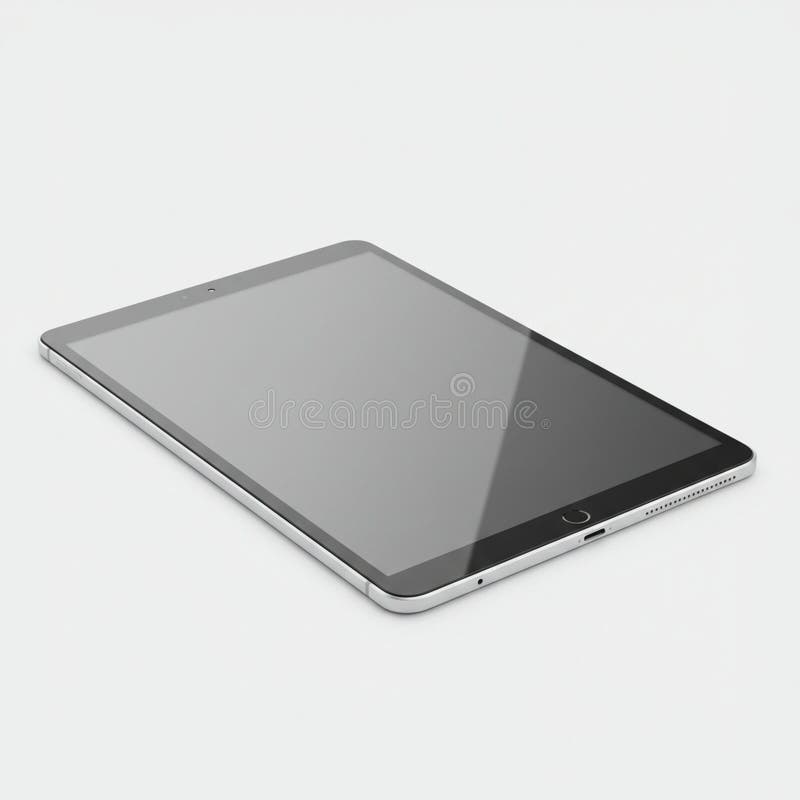 A sleek, modern tablet with a black rectangular screen and a slim silver frame. The royalty free illustration