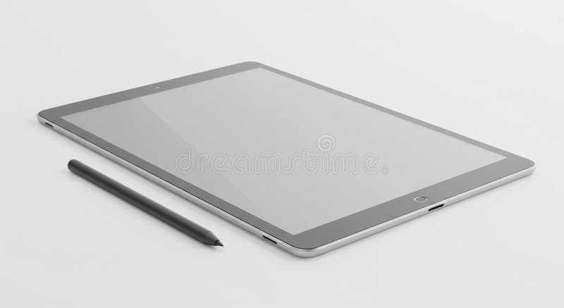 A sleek, modern tablet with a large touchscreen, situated horizontally on a light gray surface. stock illustration
