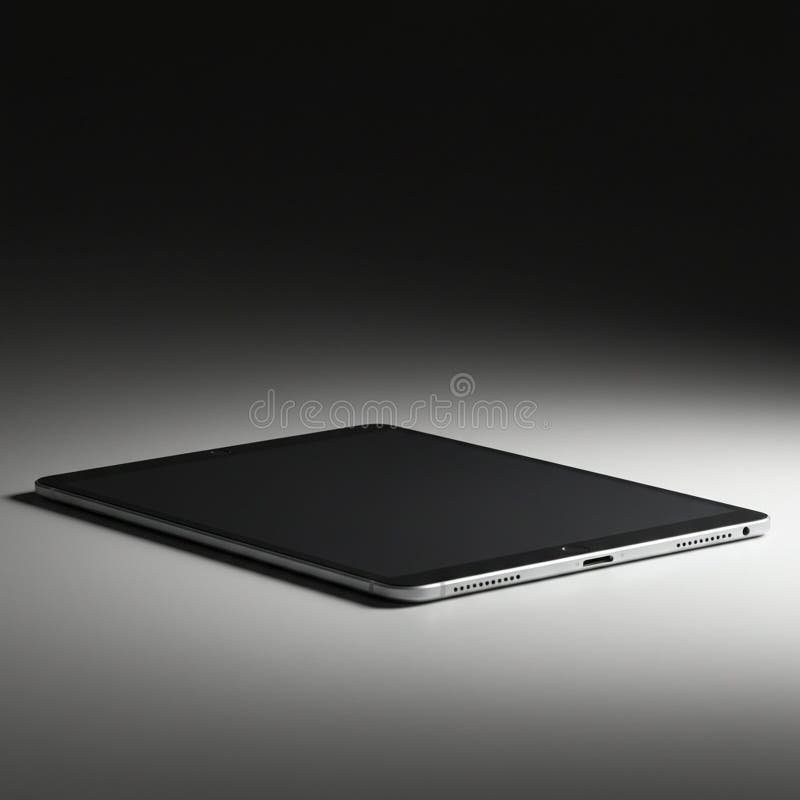 A sleek, modern tablet lies flat on a smooth surface, illuminated by soft lighting from royalty free illustration